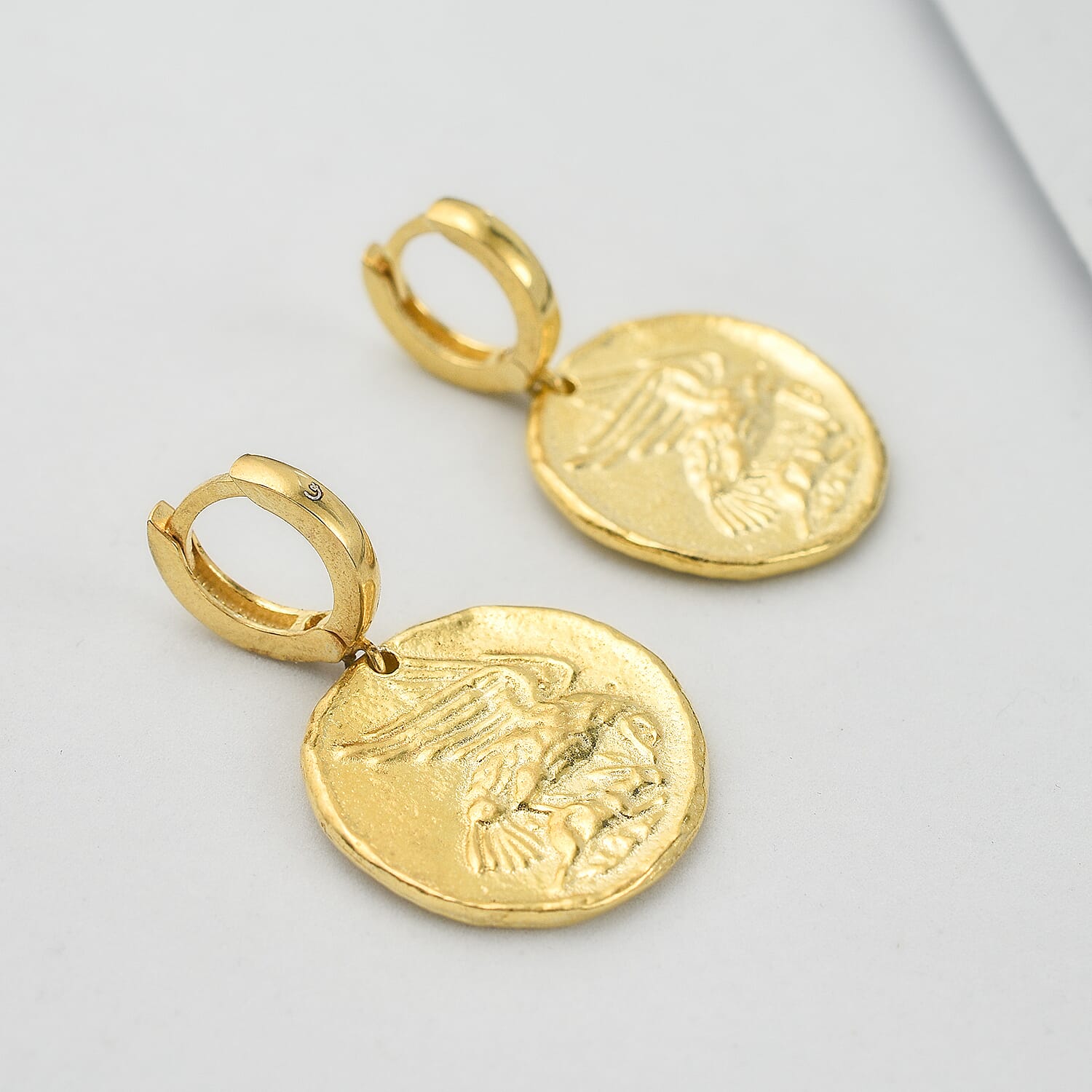 Yellow Gold Plated Sterling Silver Roman Coin Earrings, Silver Wt. 9.2 Gms