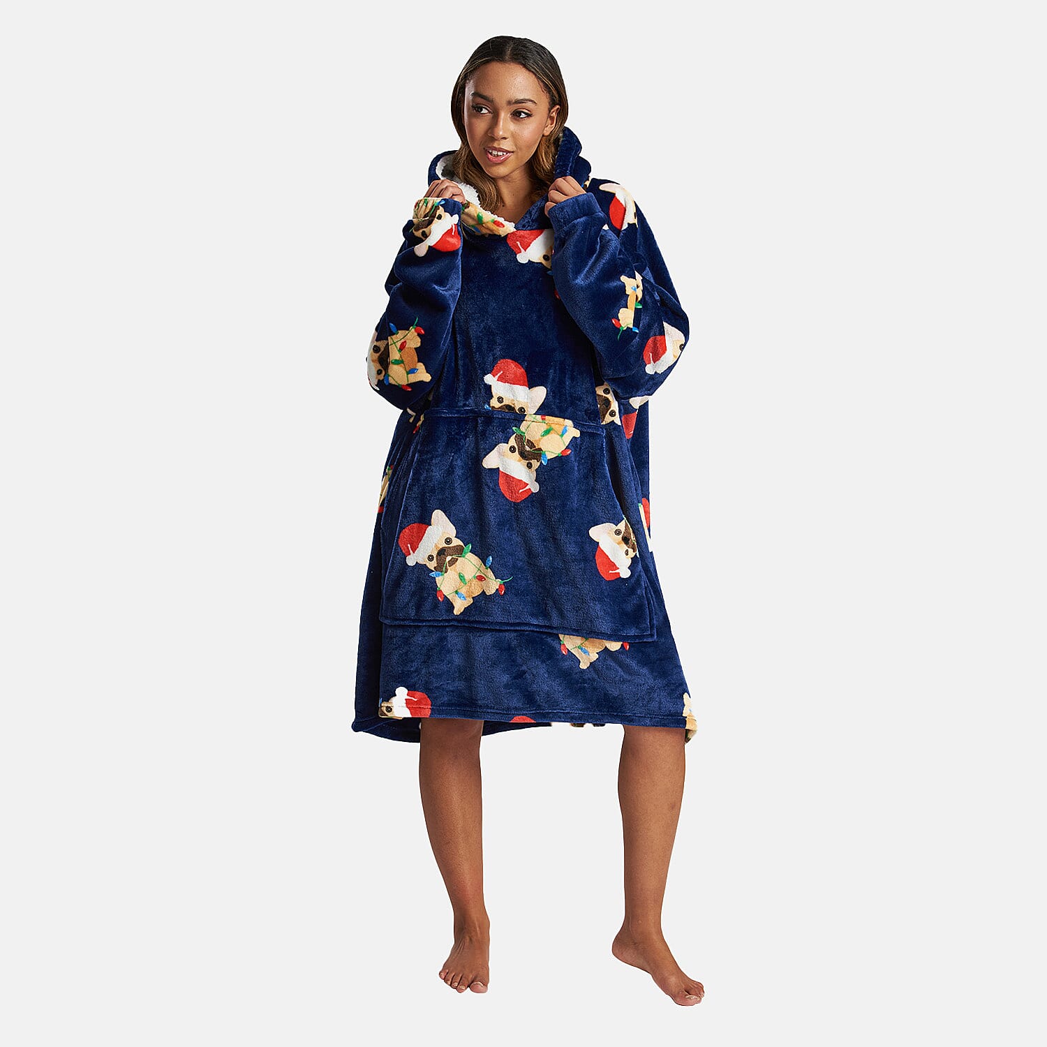 Christmas Frenchie Luxury Fleece Snuggle Womens Hoodie (One Size) - Navy