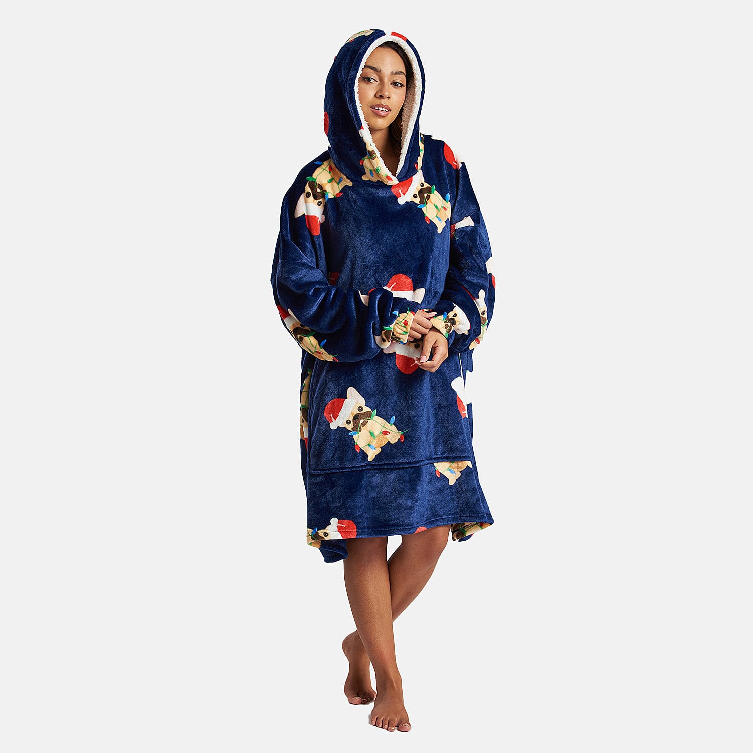 Christmas Frenchie Luxury Fleece Snuggle Womens Hoodie (One Size) - Navy