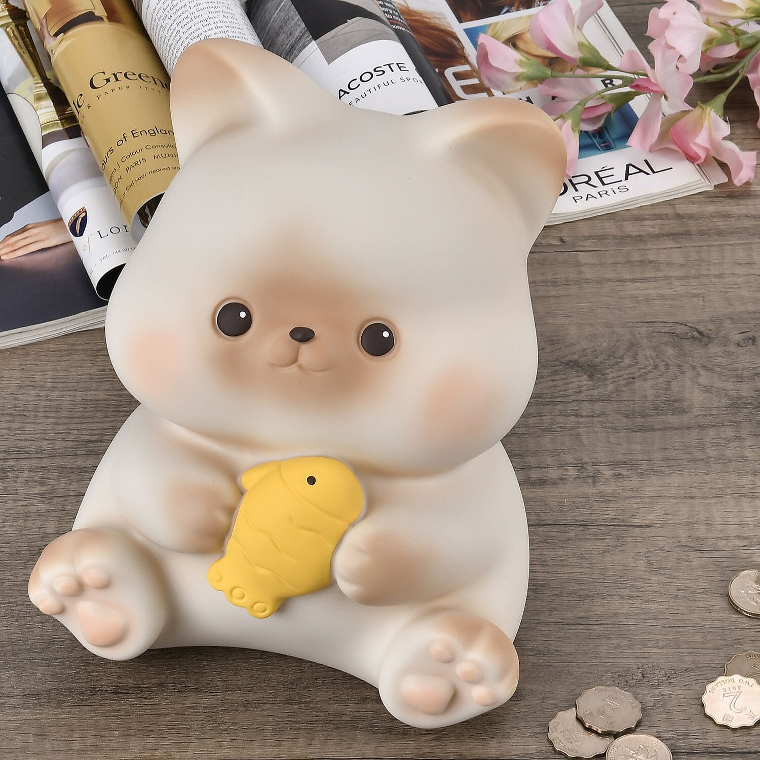 Money Bank with a Cat Holding a Fish - Beige