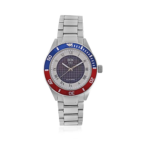 EON 1962 Solar Powered Japanese Movement 5ATM Watch in Rose Tone Stainless Steel Strap and Red and Blue Bezel