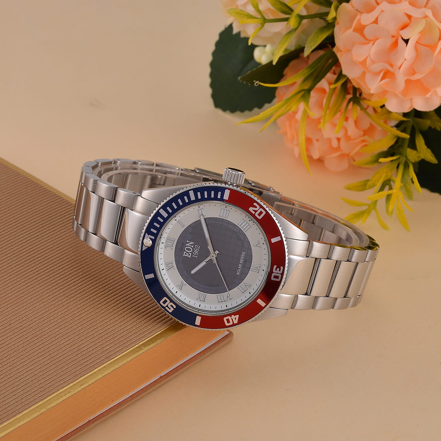 EON 1962 Solar Powered Japanese Movement 5ATM Watch in Rose Tone Stainless Steel Strap and Red and Blue Bezel