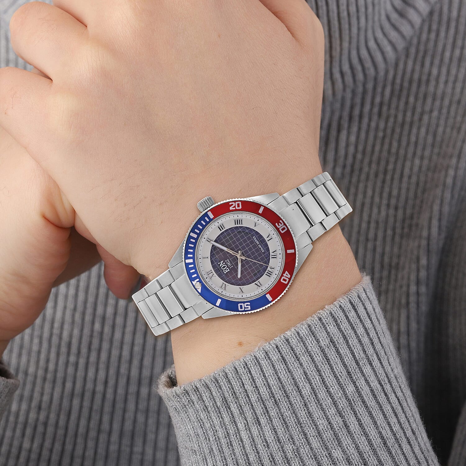 EON 1962 Solar Powered Japanese Movement 5ATM Watch in Rose Tone Stainless Steel Strap and Red and Blue Bezel