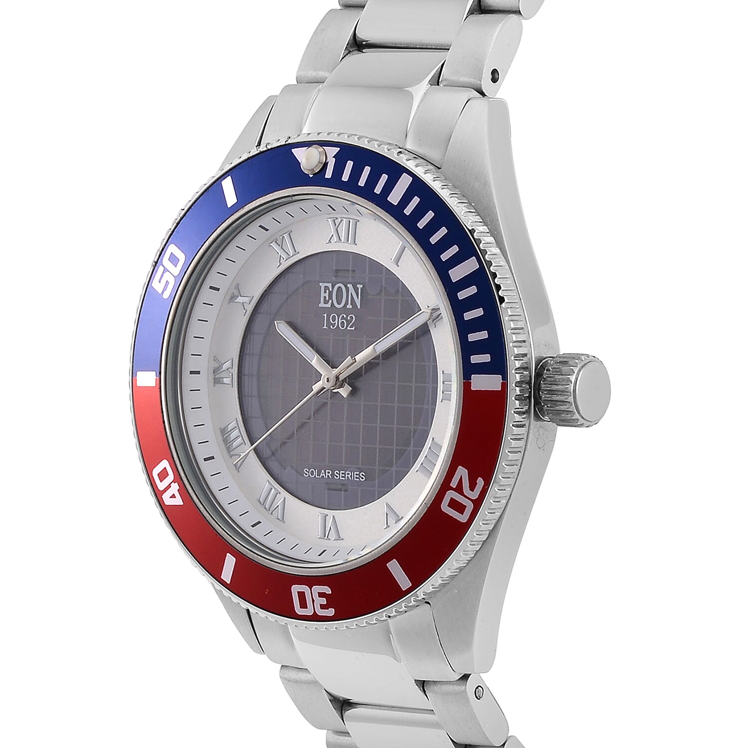 EON 1962 Solar Powered Japanese Movement 5ATM Watch in Rose Tone Stainless Steel Strap and Red and Blue Bezel