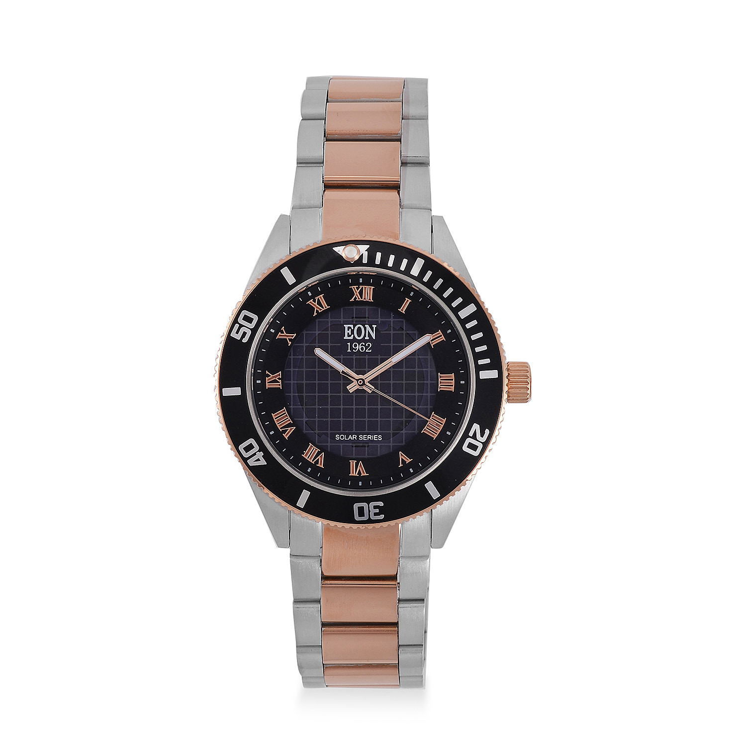EON 1962 Solar Powered Japanese Movement 5ATM Watch in Rose Tone Stainless Steel Strap and Black Bezel