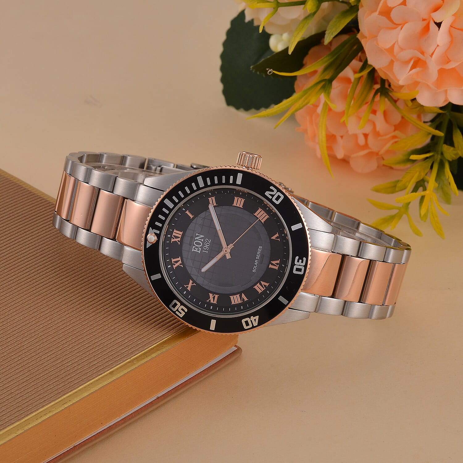 EON 1962 Solar Powered Japanese Movement 5ATM Watch in Rose Tone Stainless Steel Strap and Black Bezel