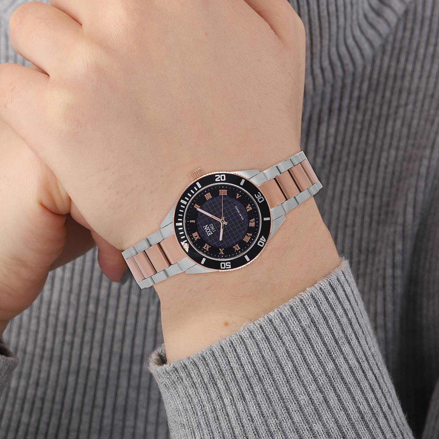 EON 1962 Solar Powered Japanese Movement 5ATM Watch in Rose Tone Stainless Steel Strap and Black Bezel