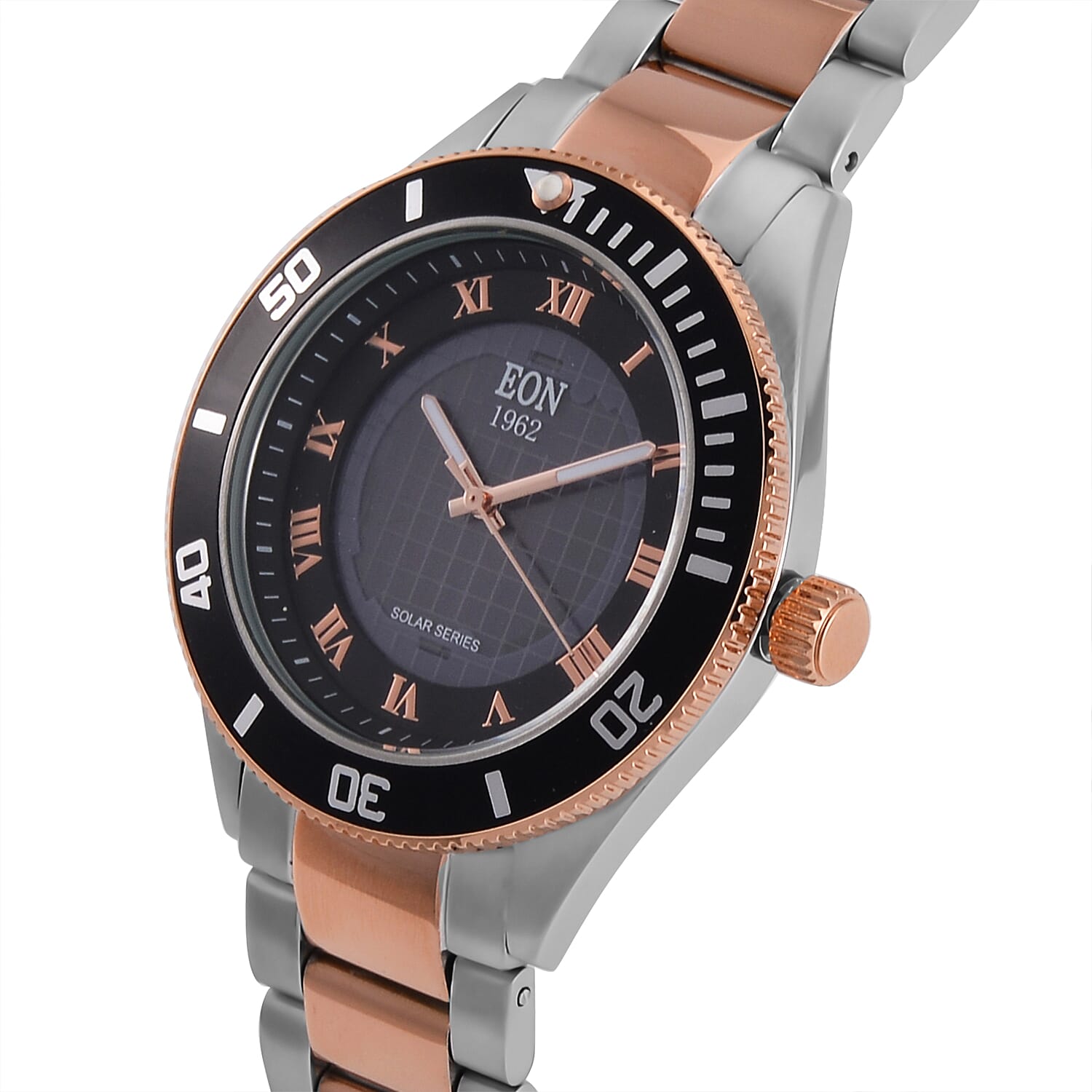 EON 1962 Solar Powered Japanese Movement 5ATM Watch in Rose Tone Stainless Steel Strap and Black Bezel