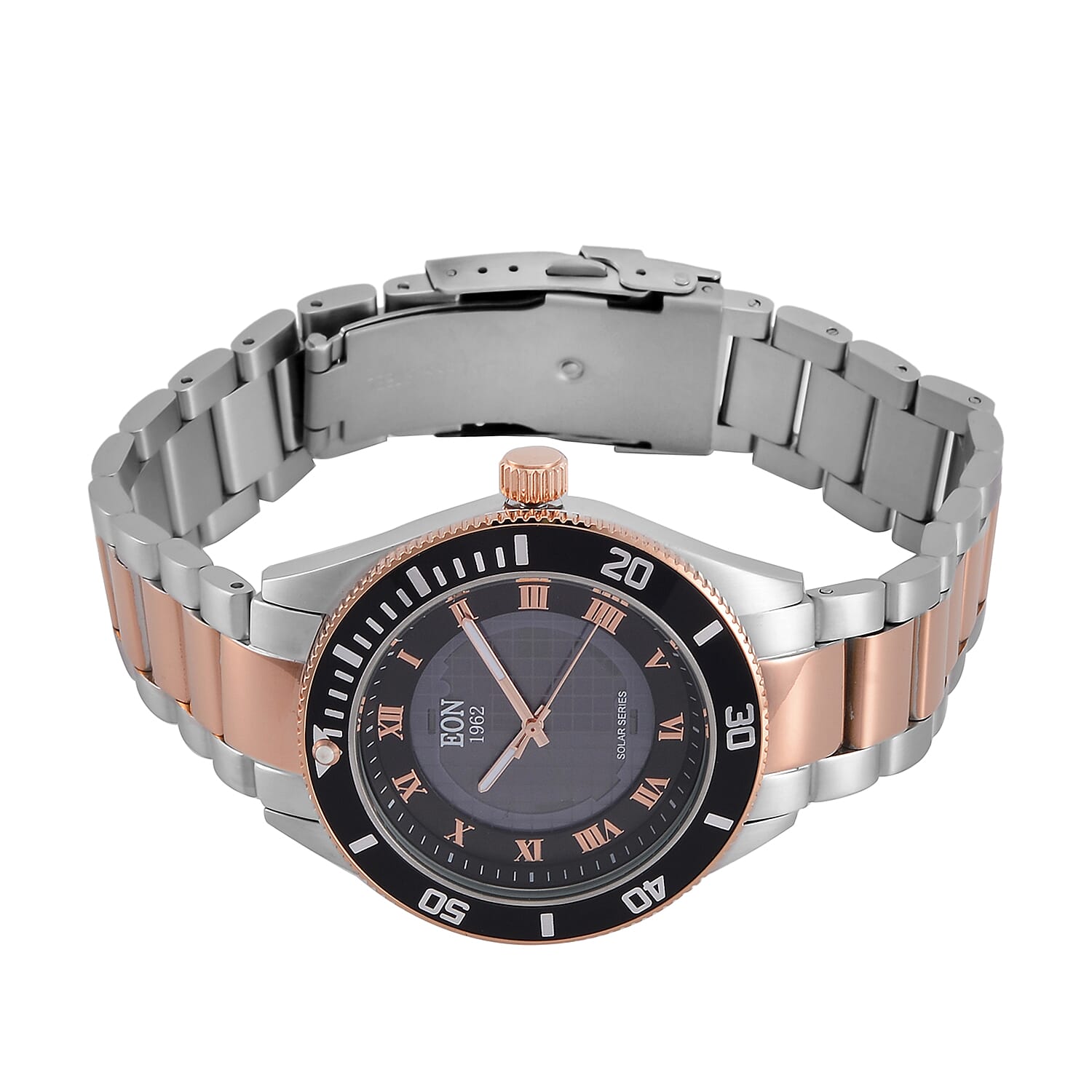 EON 1962 Solar Powered Japanese Movement 5ATM Watch in Rose Tone Stainless Steel Strap and Black Bezel