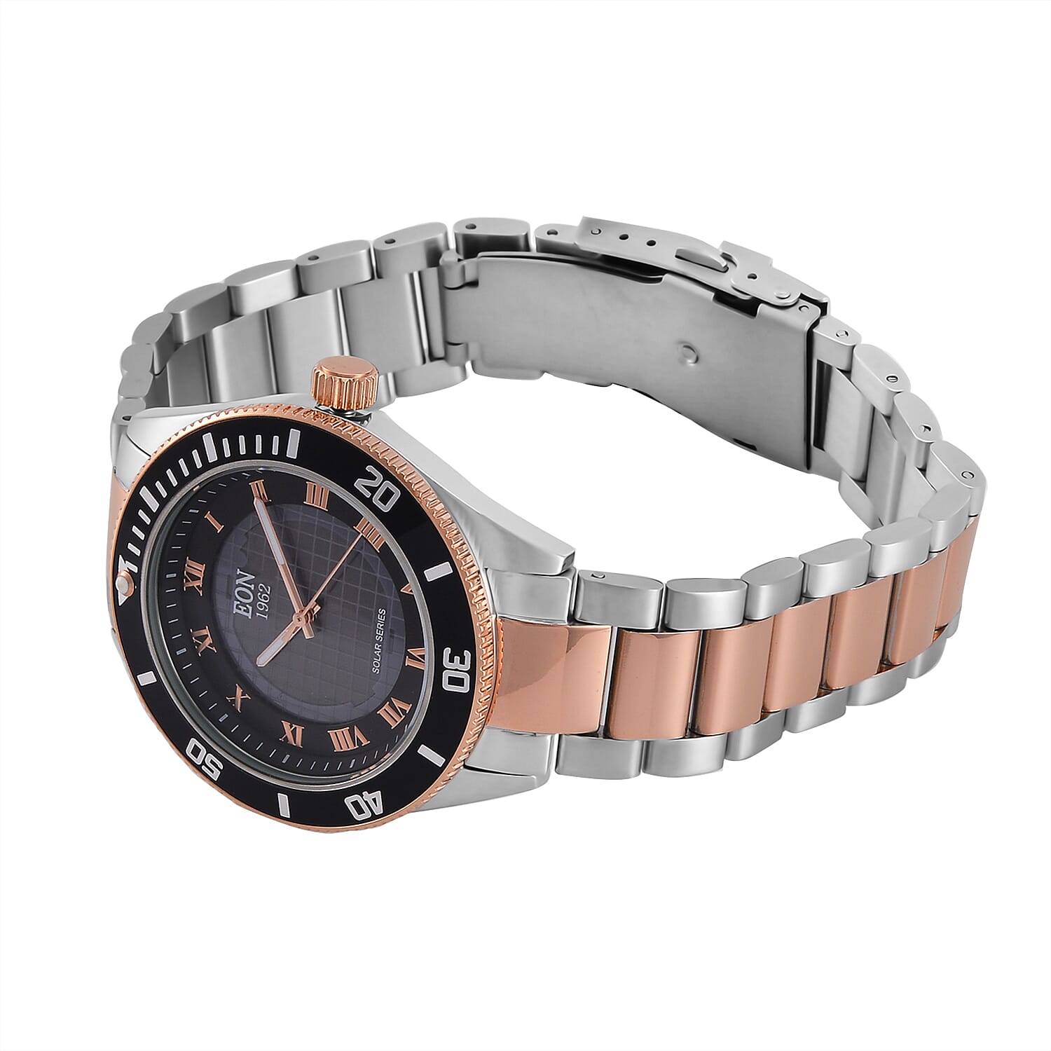 EON 1962 Solar Powered Japanese Movement 5ATM Watch in Rose Tone Stainless Steel Strap and Black Bezel