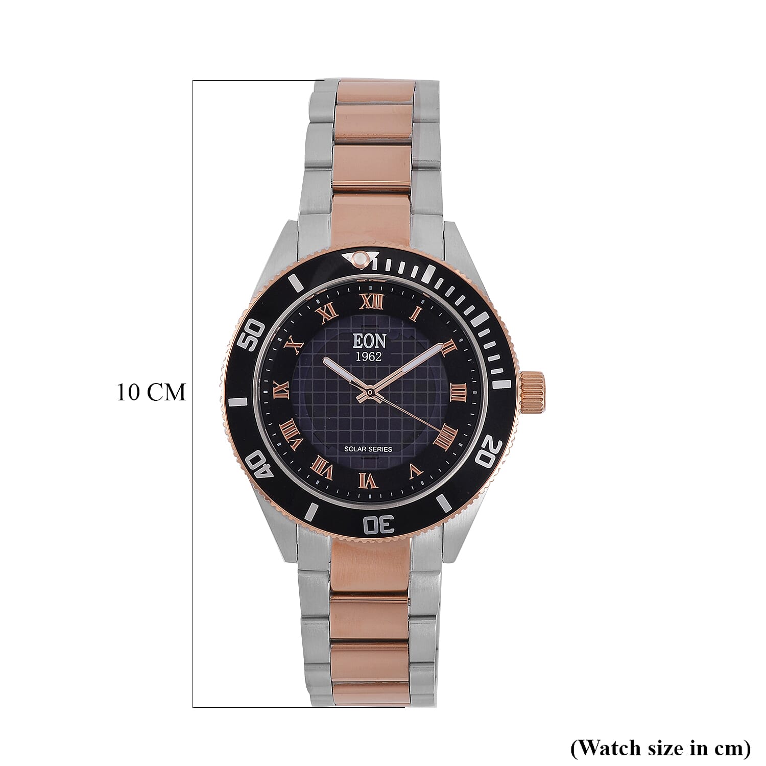EON 1962 Solar Powered Japanese Movement 5ATM Watch in Rose Tone Stainless Steel Strap and Black Bezel