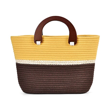 100% Cotton Knitted Handbag with Wooden Handle - Yellow & Brown