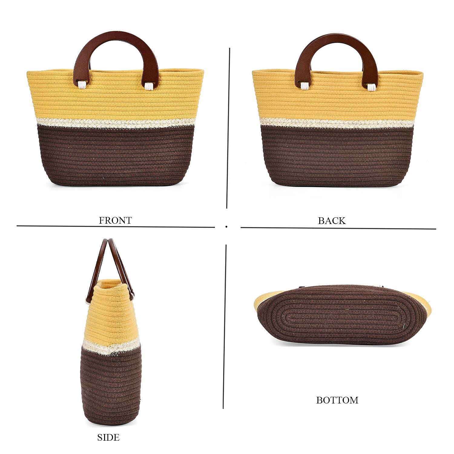 Cotton Knitted Pattern Tote Bag with Wood Handle - Yellow & Brown