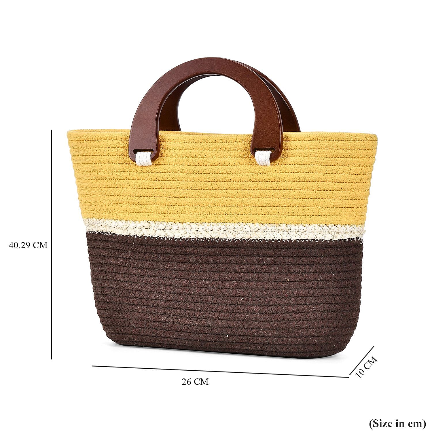 Cotton Knitted Pattern Tote Bag with Wood Handle - Yellow & Brown