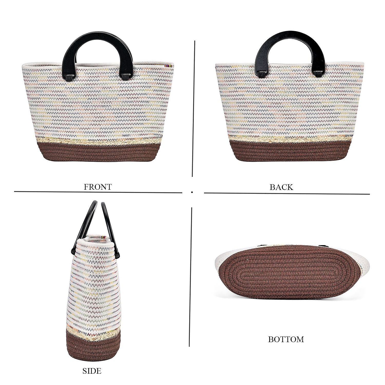 100% Cotton Knitted Handbag with Wooden Handle - Brown & Multi