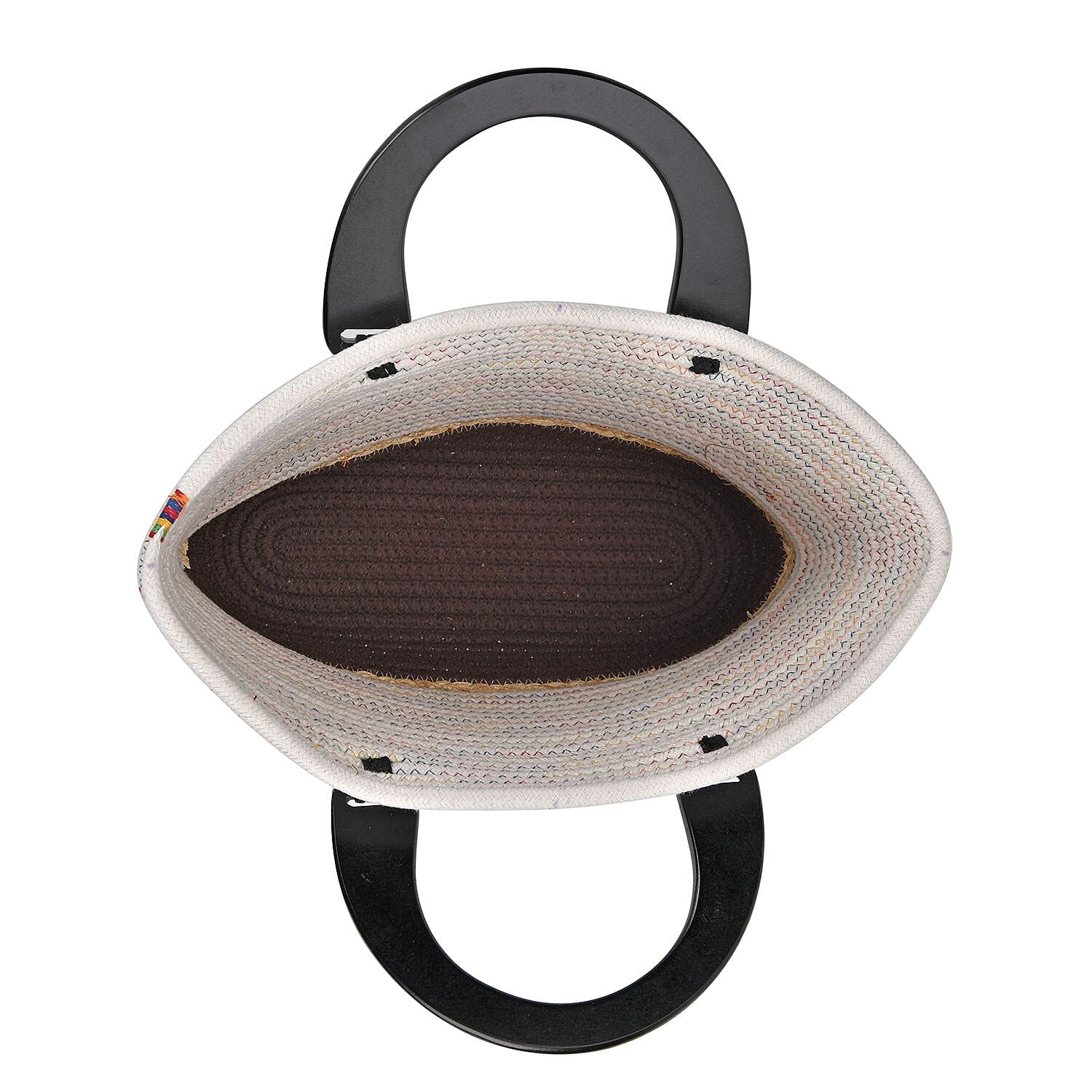 100% Cotton Knitted Handbag with Wooden Handle - Brown & Multi