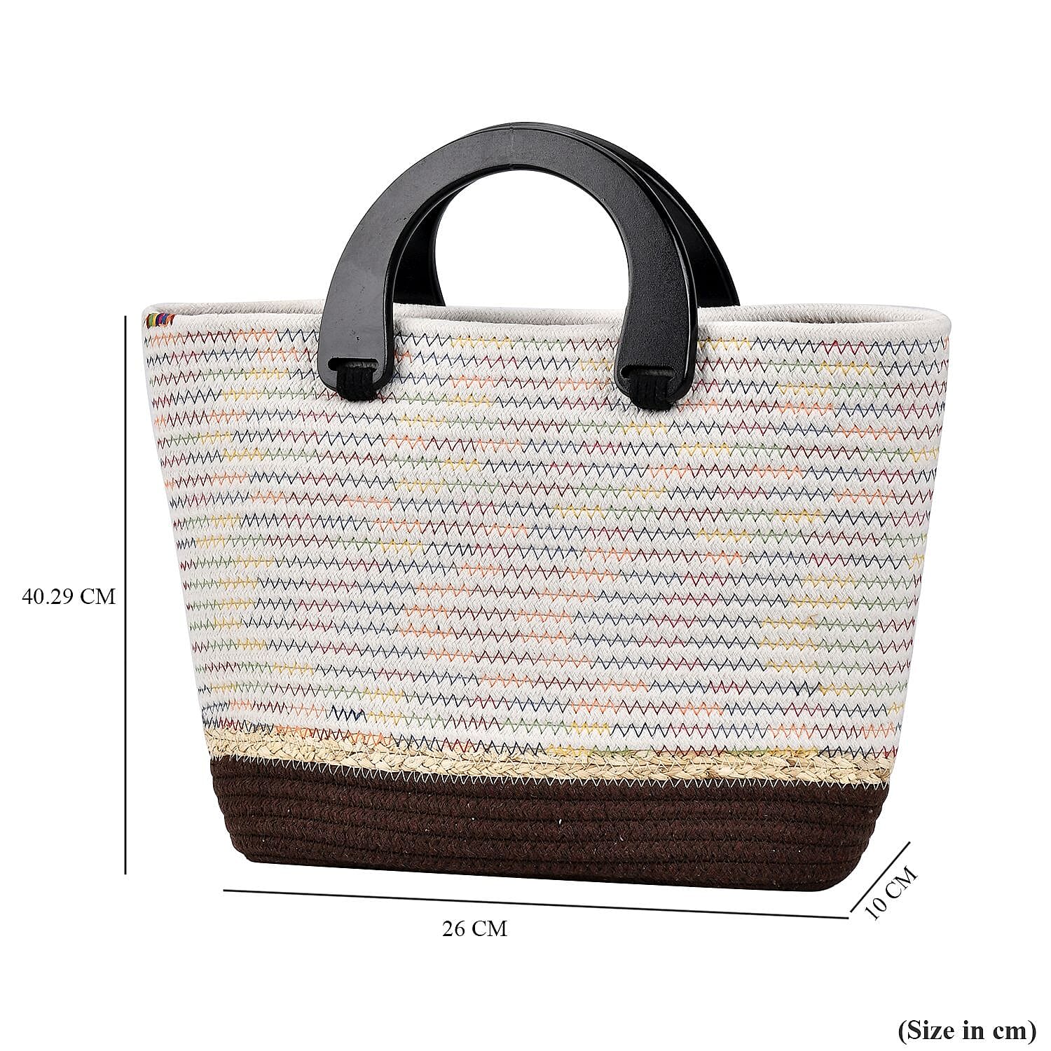 100% Cotton Knitted Handbag with Wooden Handle - Brown & Multi