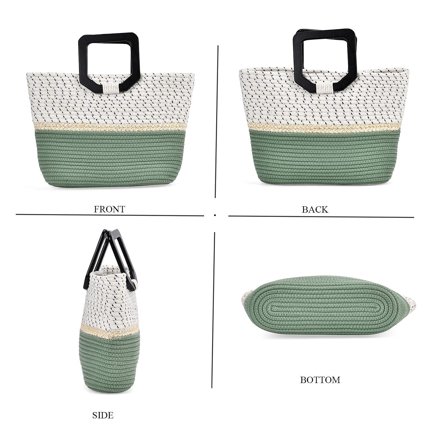 100% Cotton Knitted Handbag with Wooden Handle - White & Green