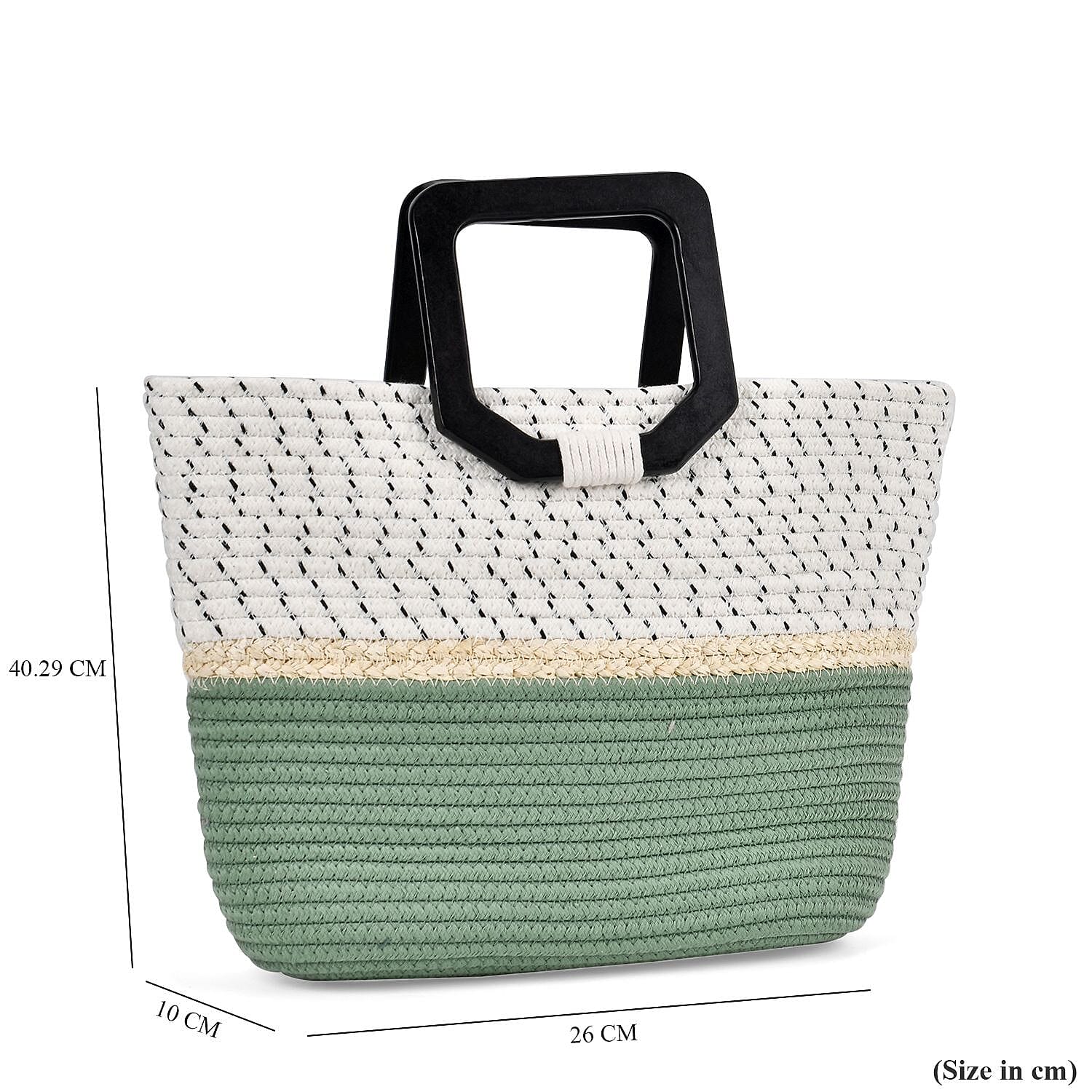 100% Cotton Knitted Handbag with Wooden Handle - White & Green