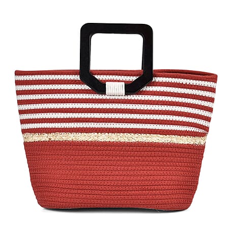 Cotton Knitted Pattern Tote Bag with Wood Handle - Red