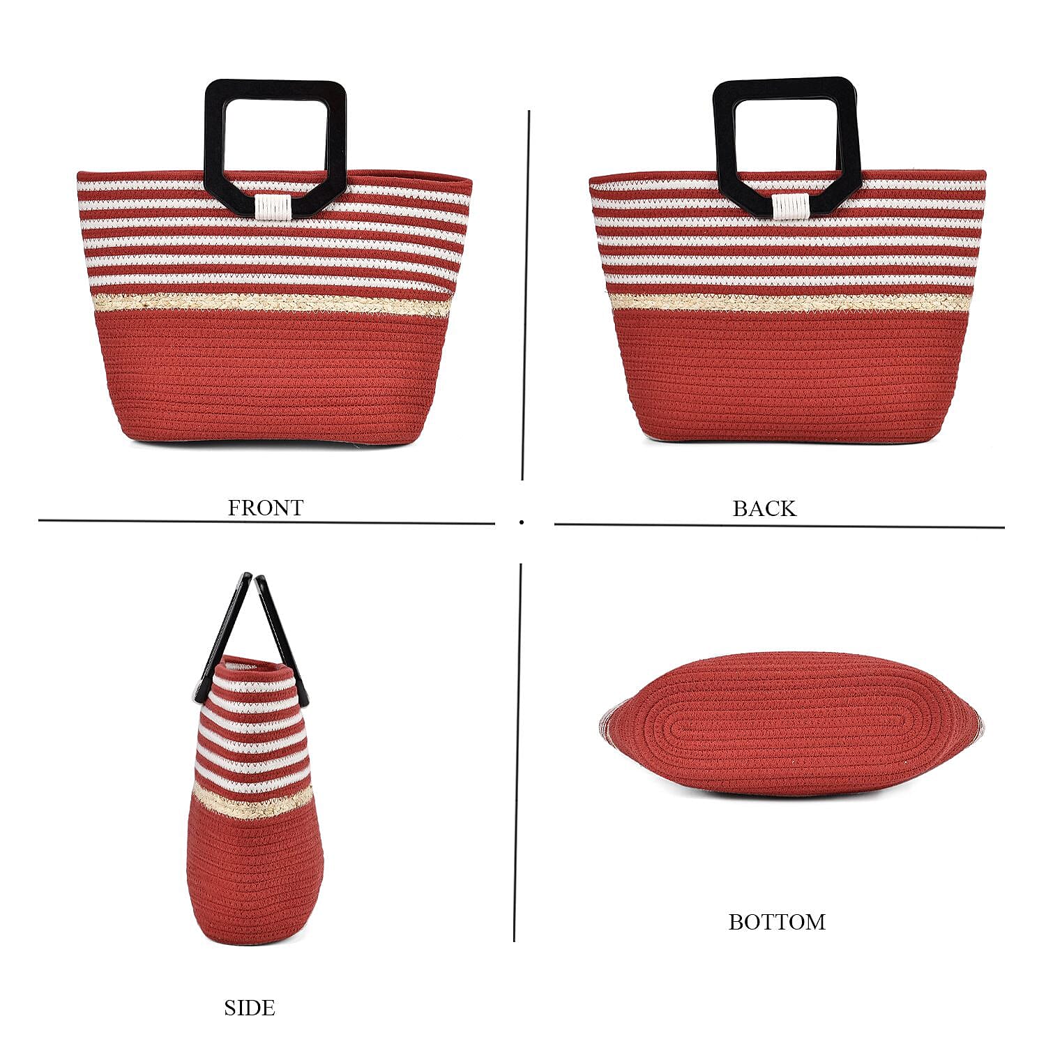 Cotton Knitted Pattern Tote Bag with Wood Handle - Red