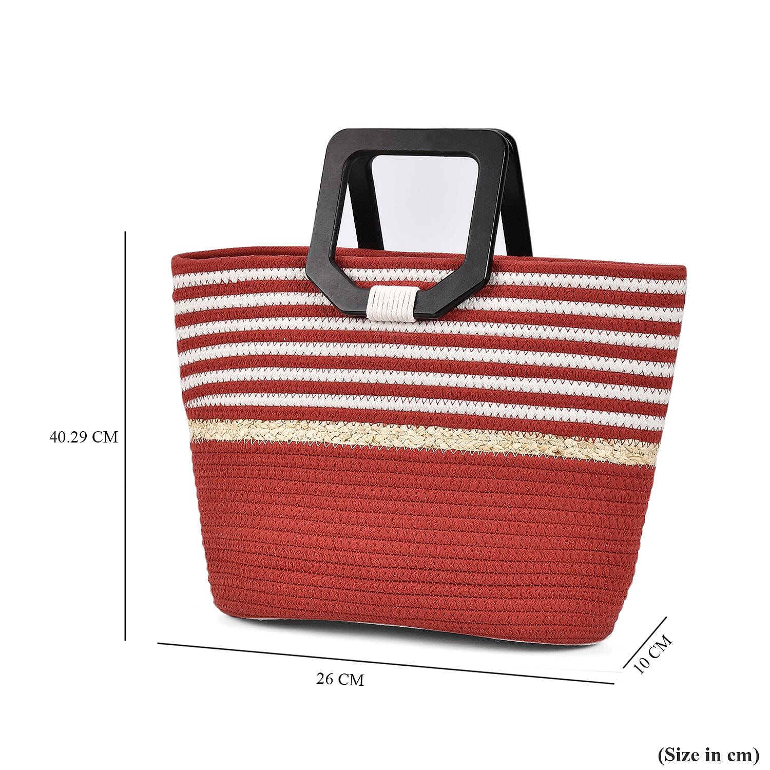 Cotton Knitted Pattern Tote Bag with Wood Handle - Red