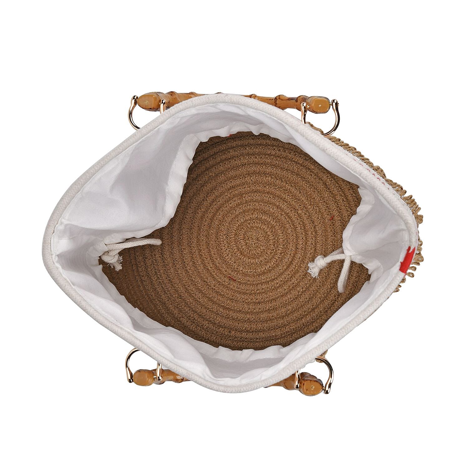 Cotton Wooven Bucket Bag with Bamboo Handle with fancy Laces - Red