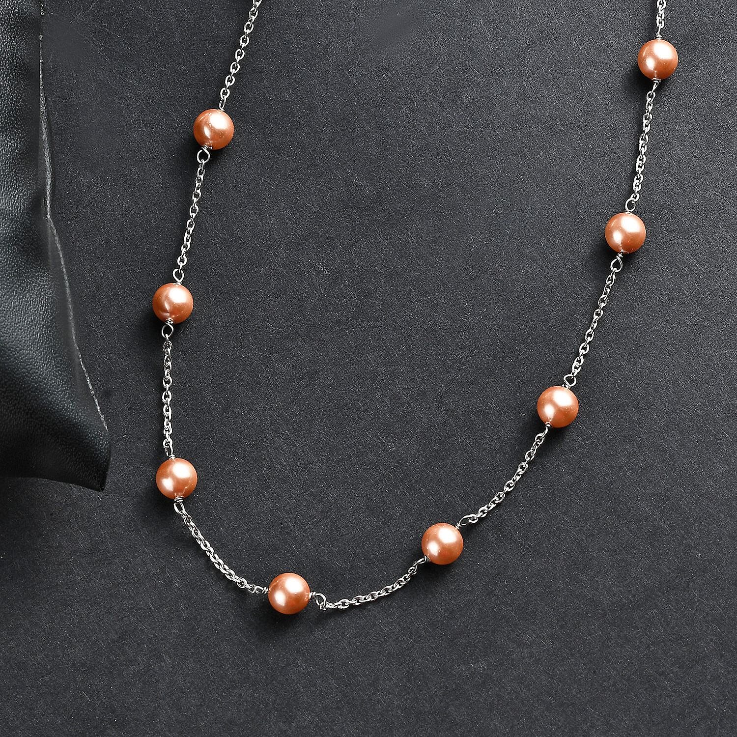 Peach Pearl Finest Austrian Crystal Necklace (Size - 20) in Platinum Overlay Sterling Silver