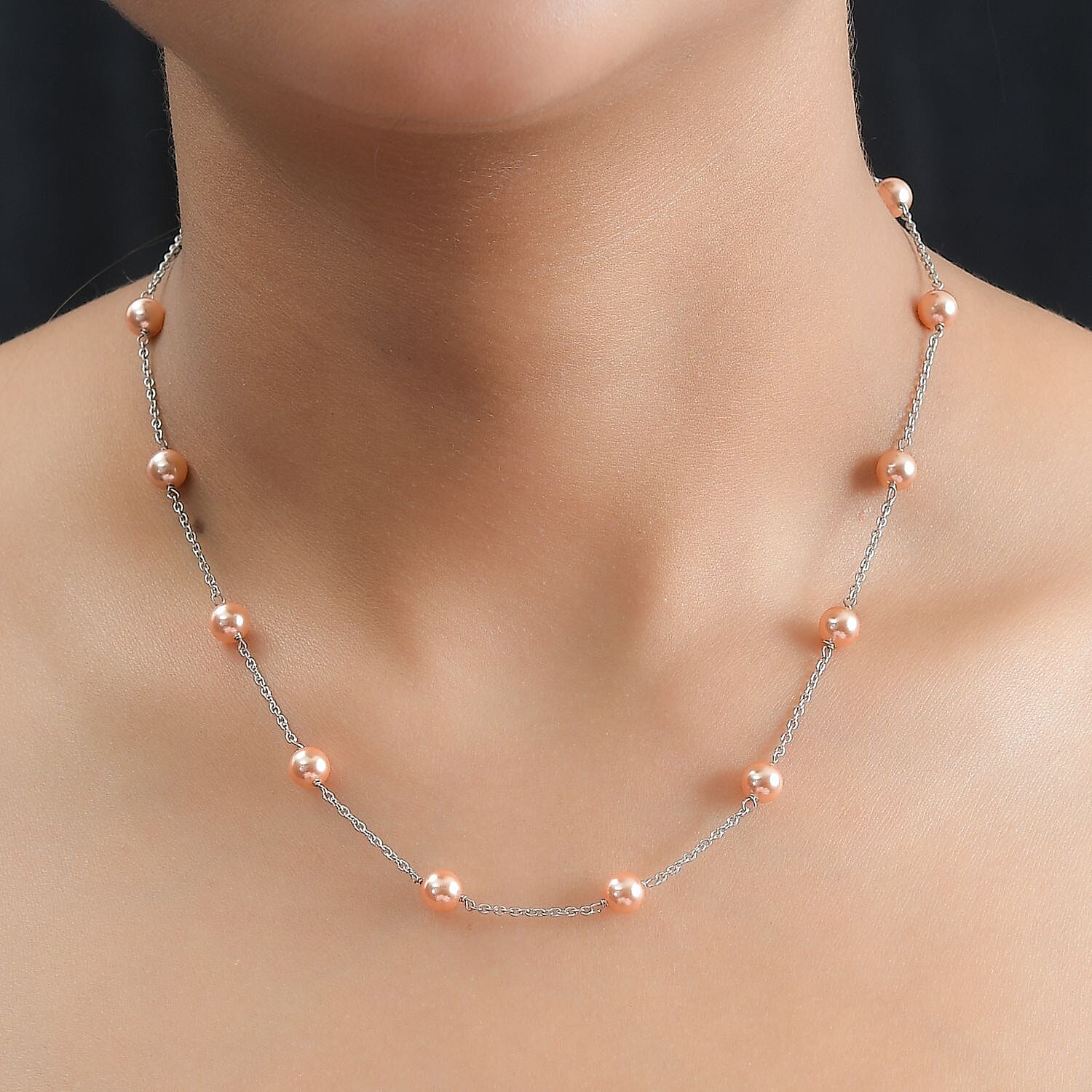 Peach Pearl Finest Austrian Crystal Necklace (Size - 20) in Platinum Overlay Sterling Silver