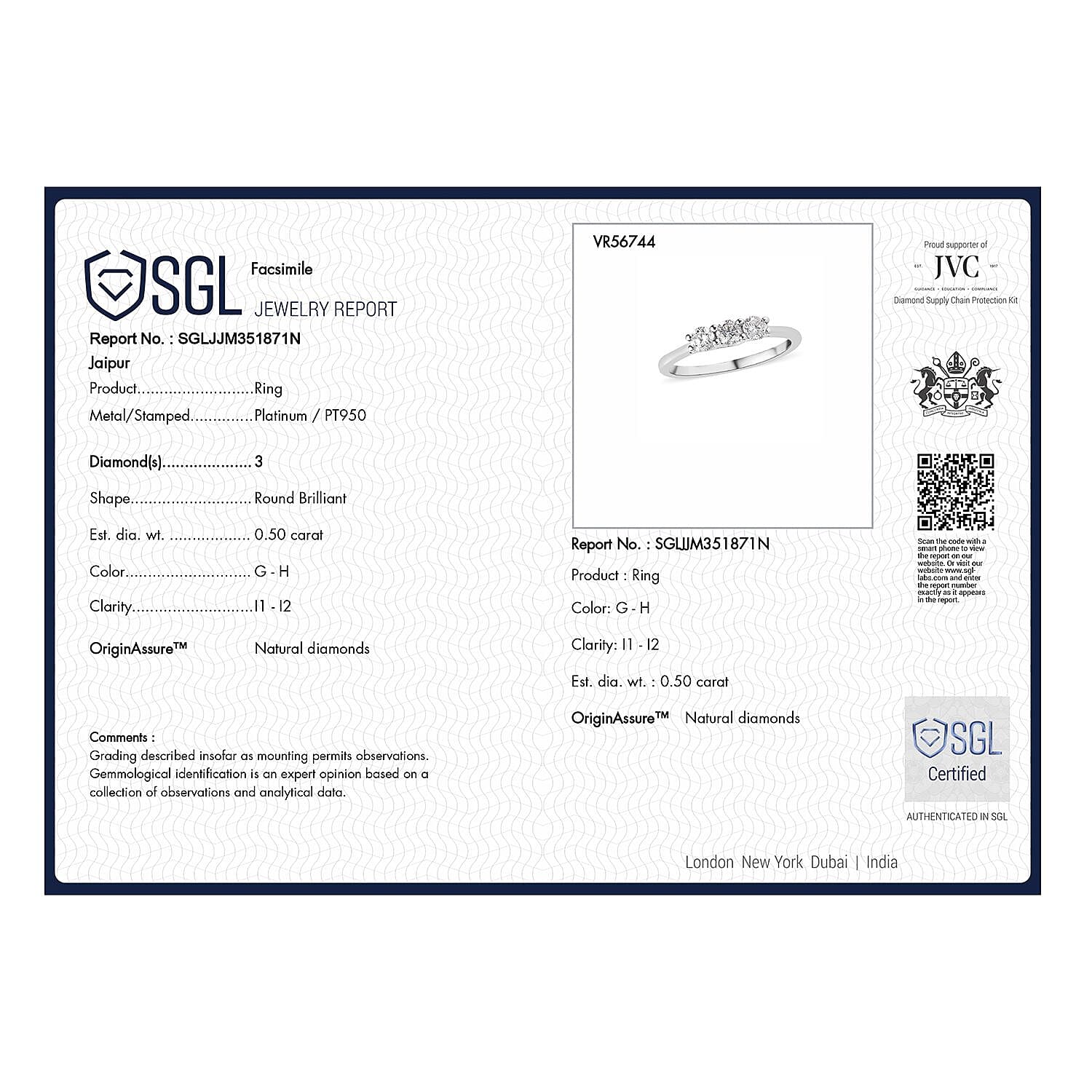One Time Deal - 950 Platinum SGL Certified (I1-I2-GH) Diamond Trilogy Ring 0.50 Ct, Platinum Wt. 3.78 Gms.