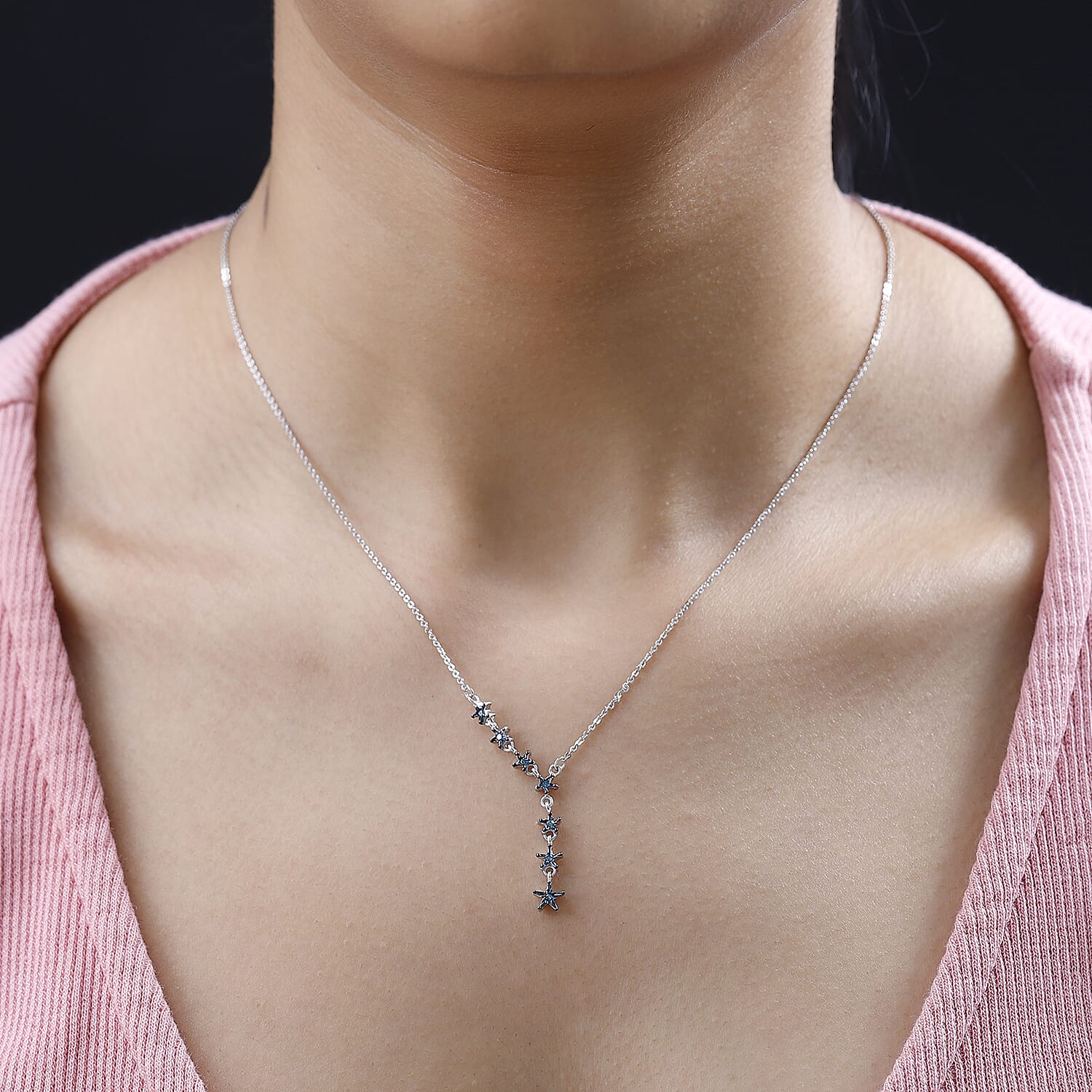 Blue Diamond Necklace (Size - 18) in Platinum Overlay Sterling Silver