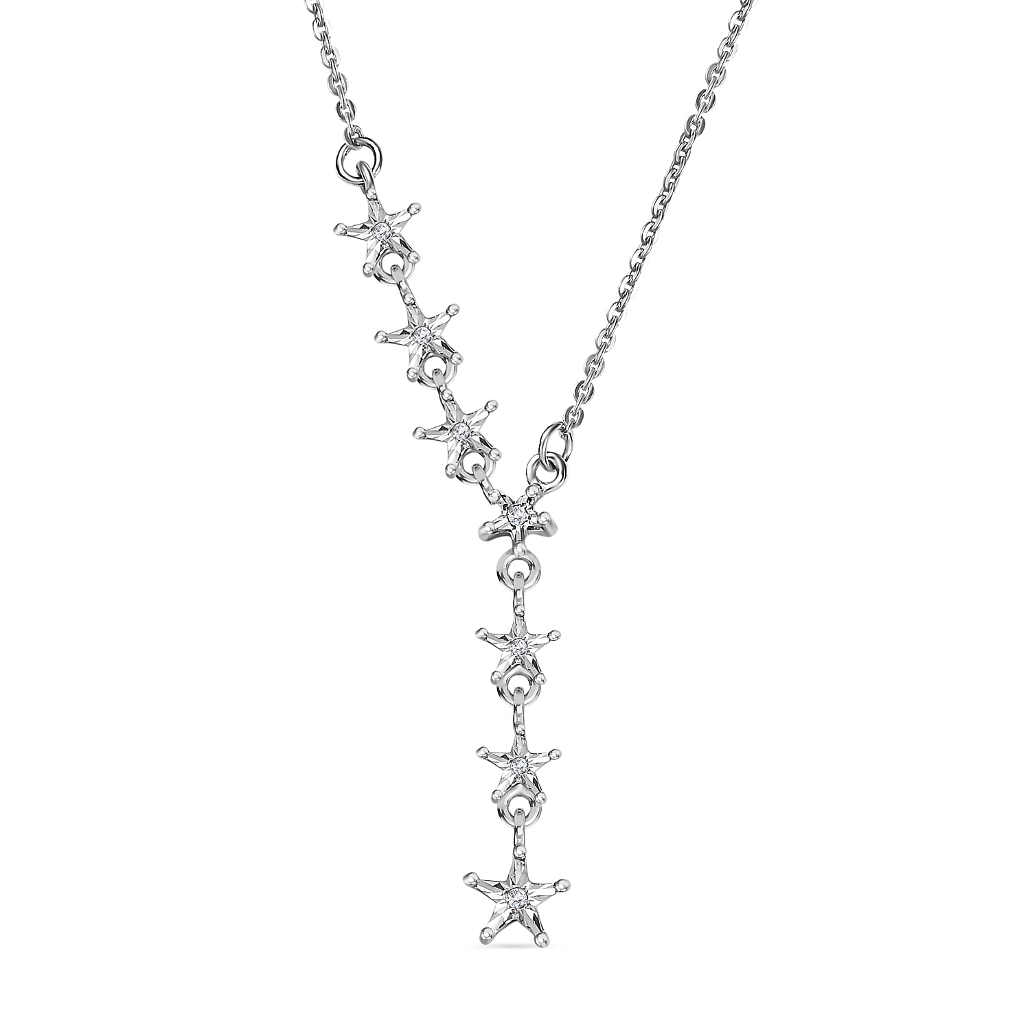 Diamond Stars Necklace (Size - 18) in Platinum Overlay Sterling Silver