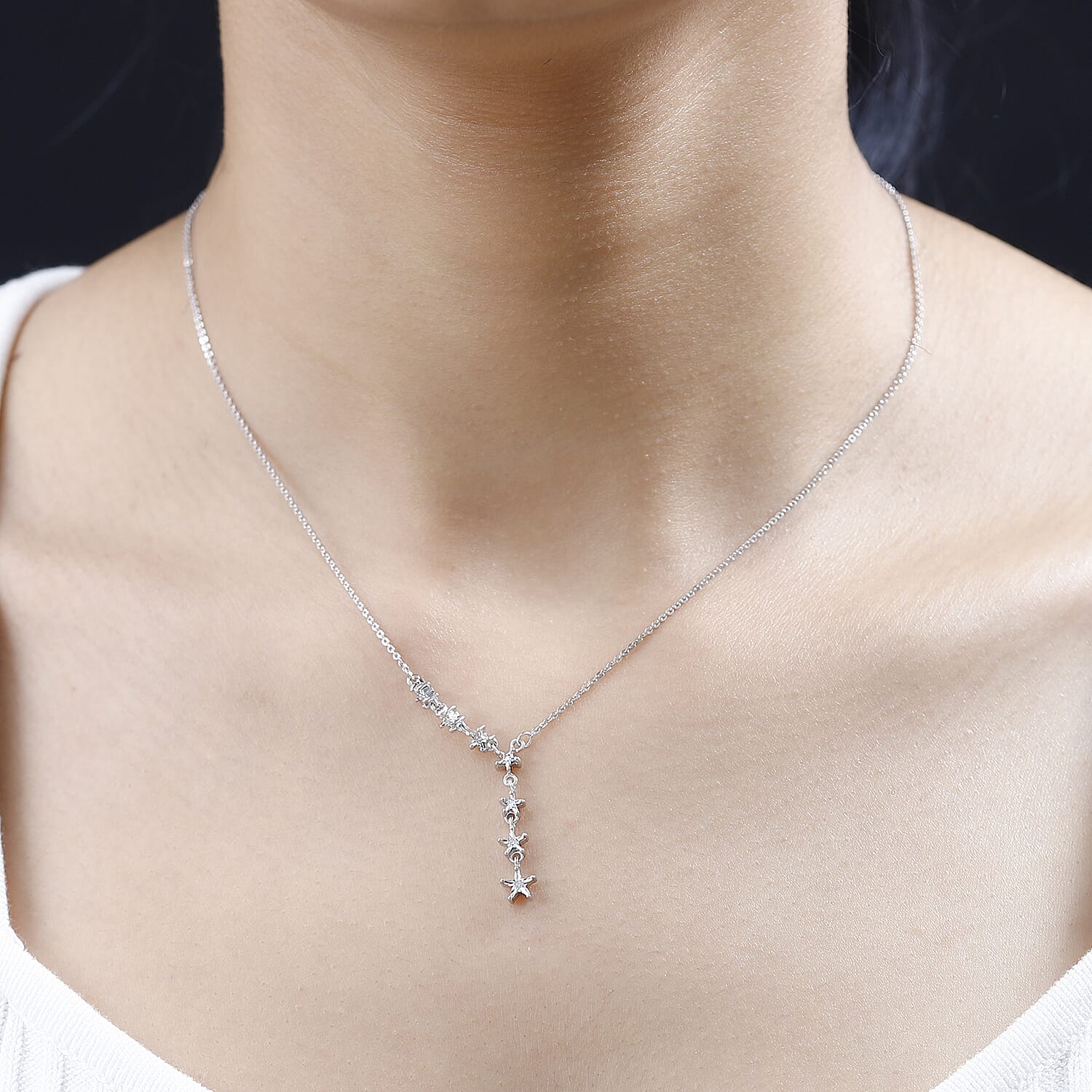 Diamond Star Necklace (Size - 18) in Platinum Overlay Sterling Silver