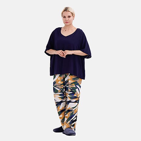 LA MAREY 100% Viscose Loungewear Sets (Short Sleeves Top with Art Printed Trousers) - Yellow - Black (Size S)