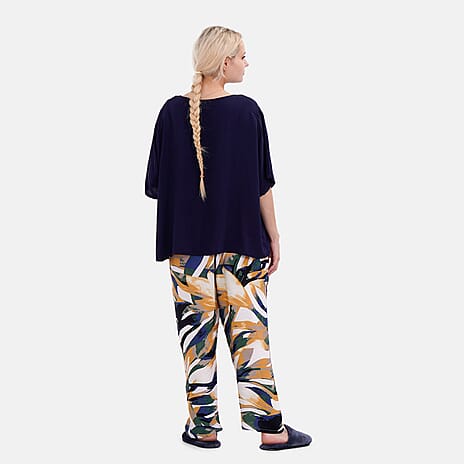 LA MAREY 100% Viscose Loungewear Sets (Short Sleeves Top with Art Printed Trousers) - Yellow - Black (Size S)