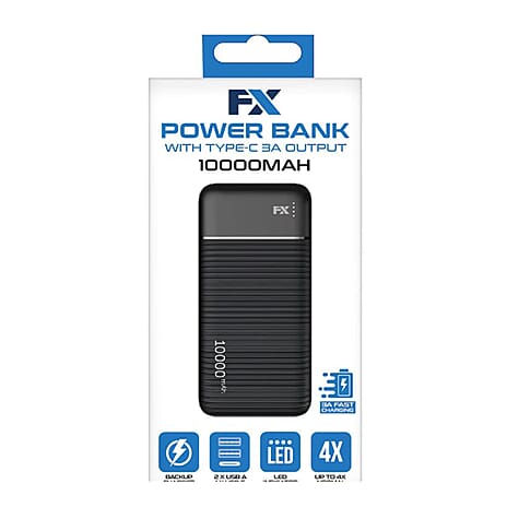 10000 mAH Power Bank with 2 USB Outputs & 1 USB C Output - Black