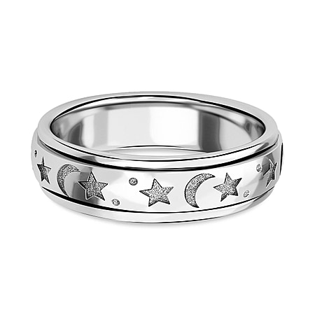 Moon & Star Ring in Platinum Overlay Sterling Silver, Silver Wt 5.55 GM