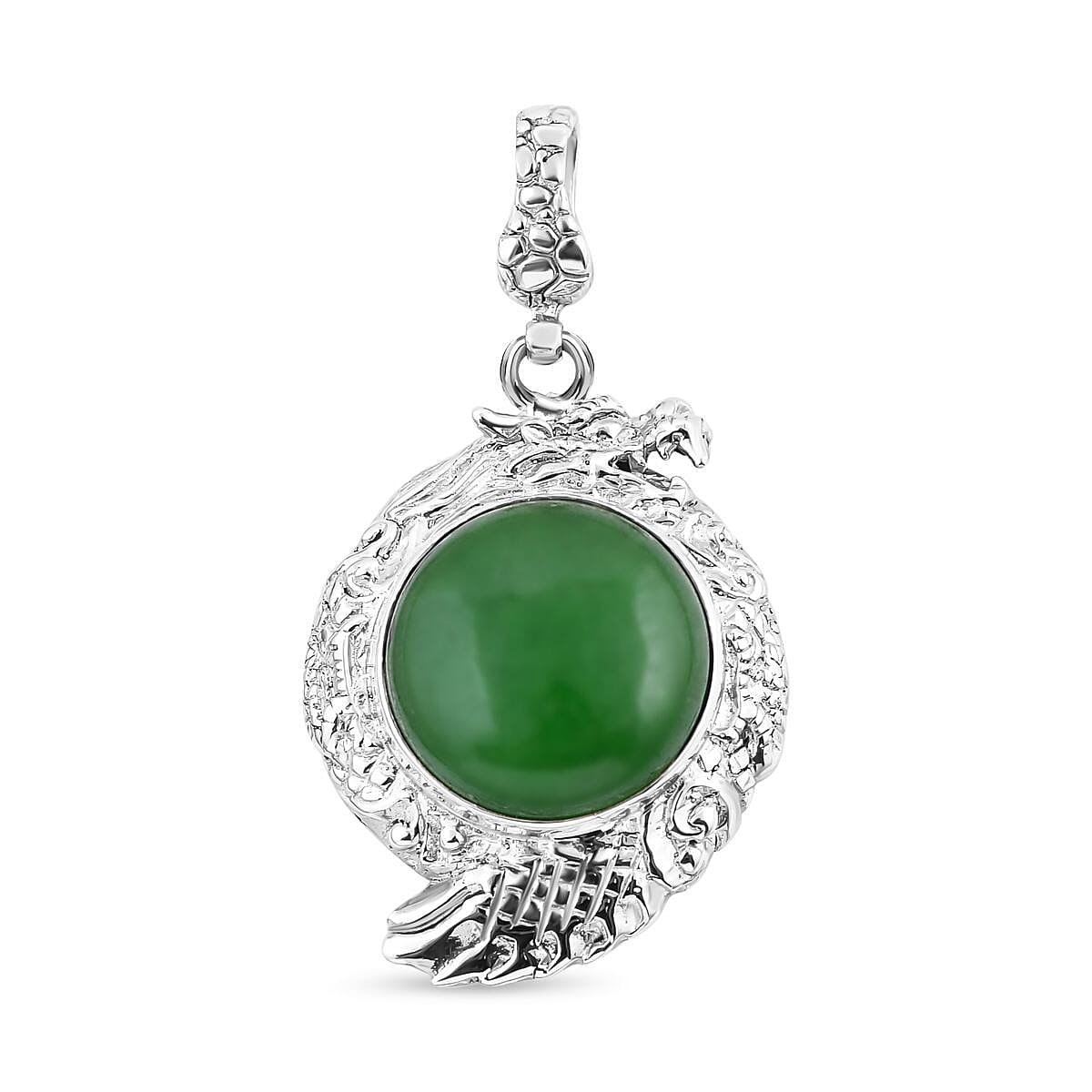 Royal Bali Collection - Green Jade Solitaire Dragon Pendant in Sterling Silver 15.50 Ct, Silver Wt 8.60 GM
