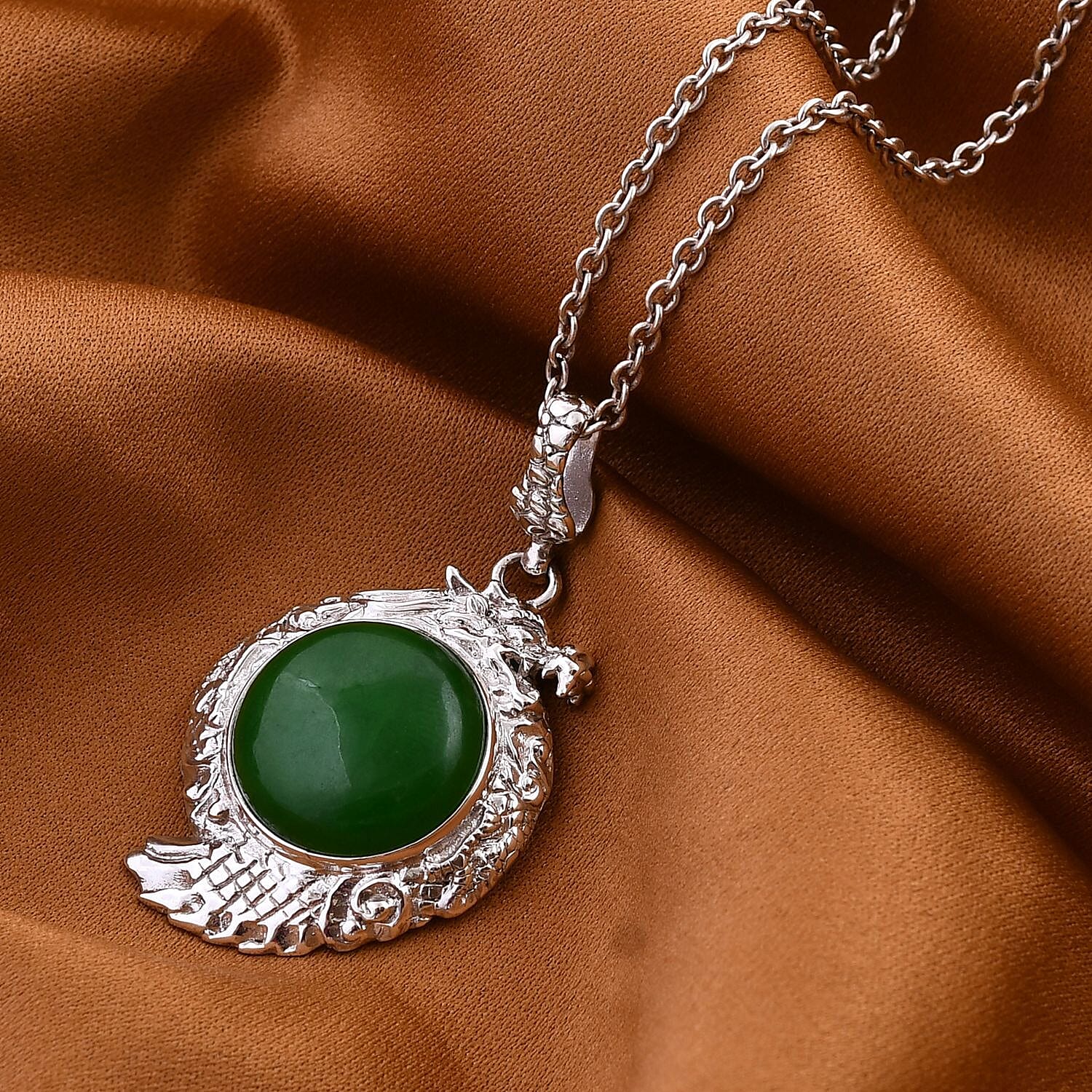 Royal Bali Collection - Green Jade Solitaire Dragon Pendant in Sterling Silver 15.50 Ct, Silver Wt 8.60 GM
