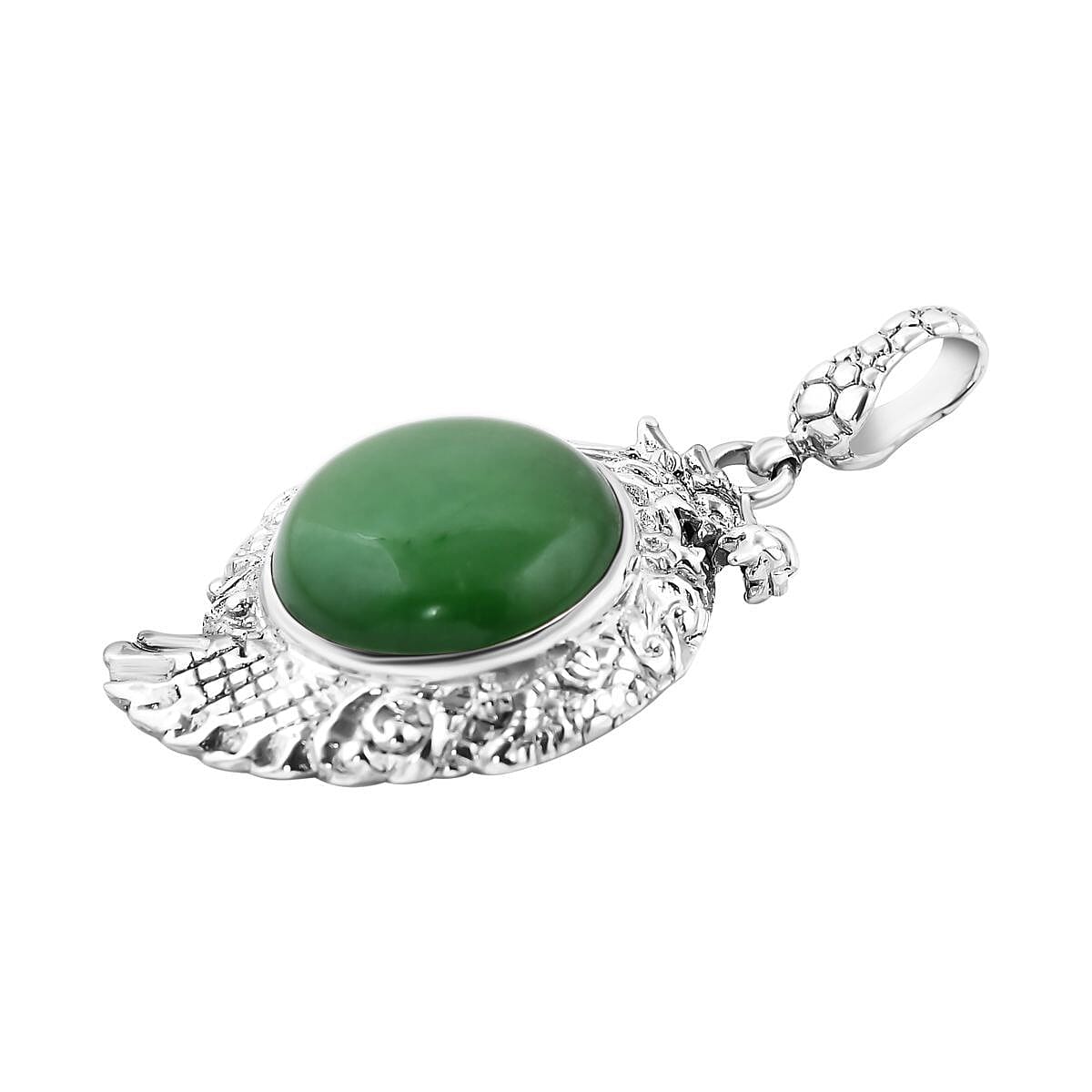 Royal Bali Collection - Green Jade Solitaire Dragon Pendant in Sterling Silver 15.50 Ct, Silver Wt 8.60 GM