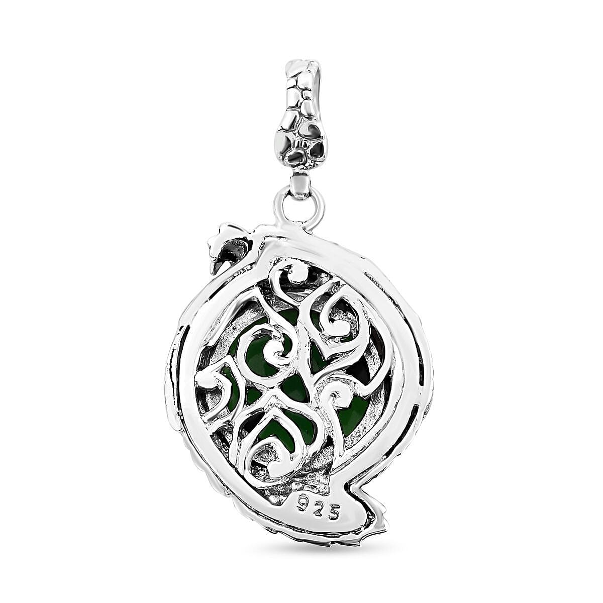 Royal Bali Collection - Green Jade Solitaire Dragon Pendant in Sterling Silver 15.50 Ct, Silver Wt 8.60 GM