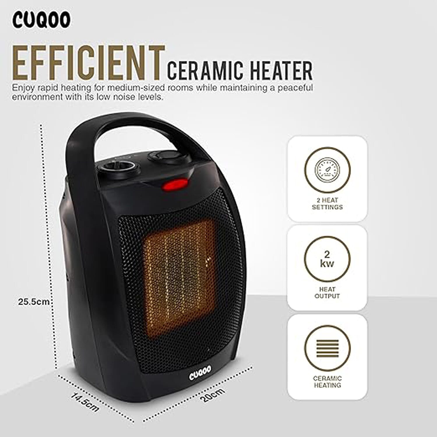 Close Out Deal - Lightweight & Energy Efficient Ceramic Heater (2KW) with 3 Power Settings, Adjustable Thermostat & Overheating Protection Technology - Black