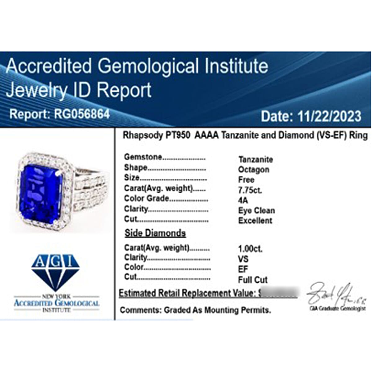 RHAPSODY 950 Platinum AAAA Tanzanite & VS Diamond Ring 8.75 ct,  Platinum Wt. 13.54 Gms