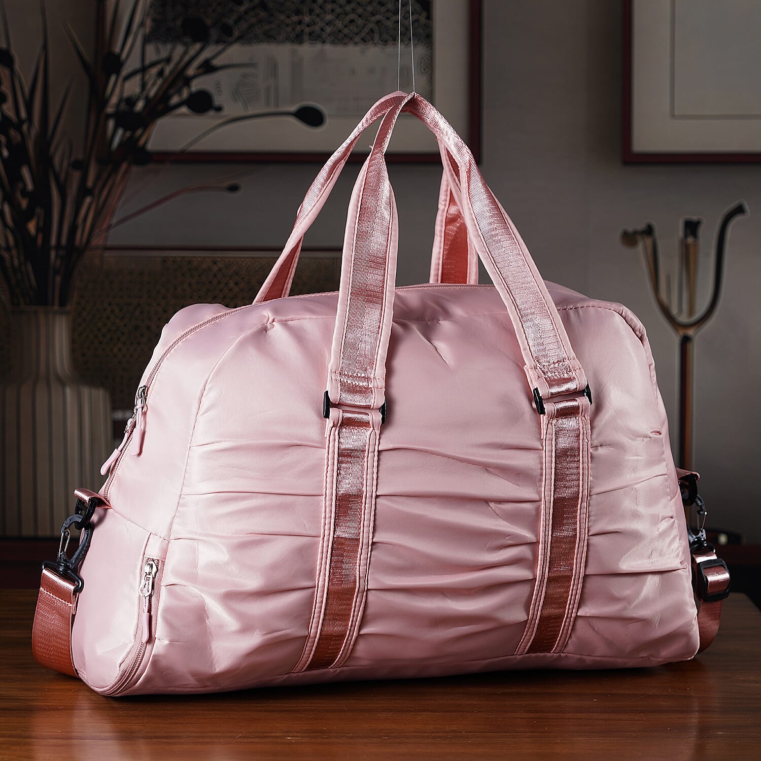 Water Repellent Pleated Travel Dufflle Bag - Light Pink