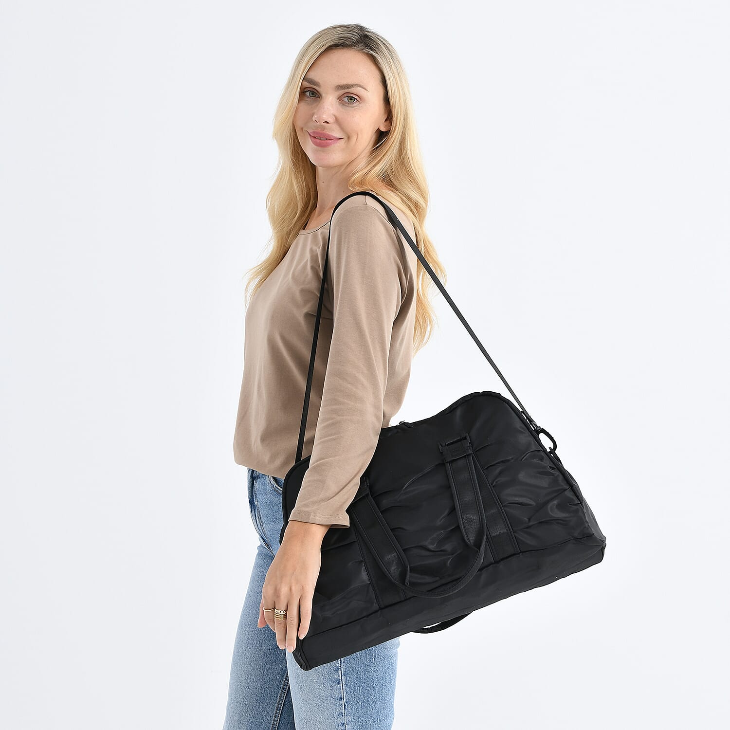 Water Repellent Pleated Trave Dufflle l Bag - Black