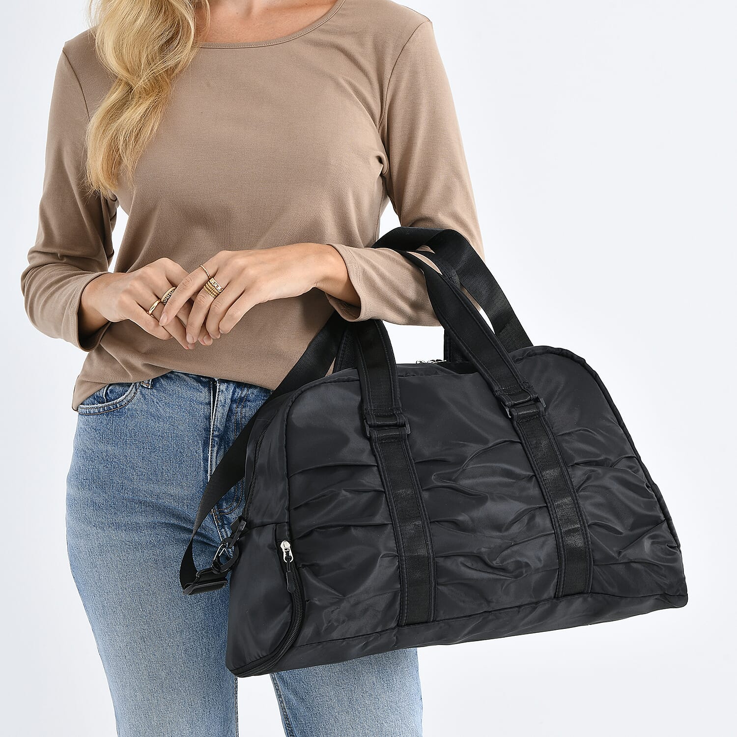 Water Repellent Pleated Trave Dufflle l Bag - Black