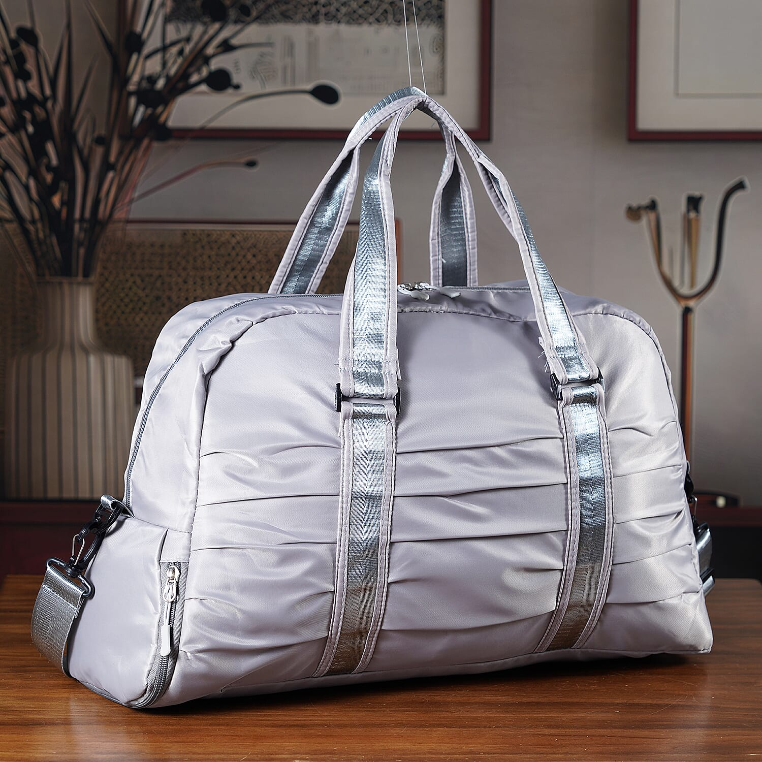 Water Repellent Pleated Travel Dufflle Bag - Grey
