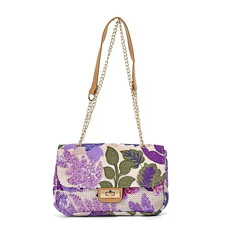 Sequin Floral Embroidery Crossbody Bag - Purple