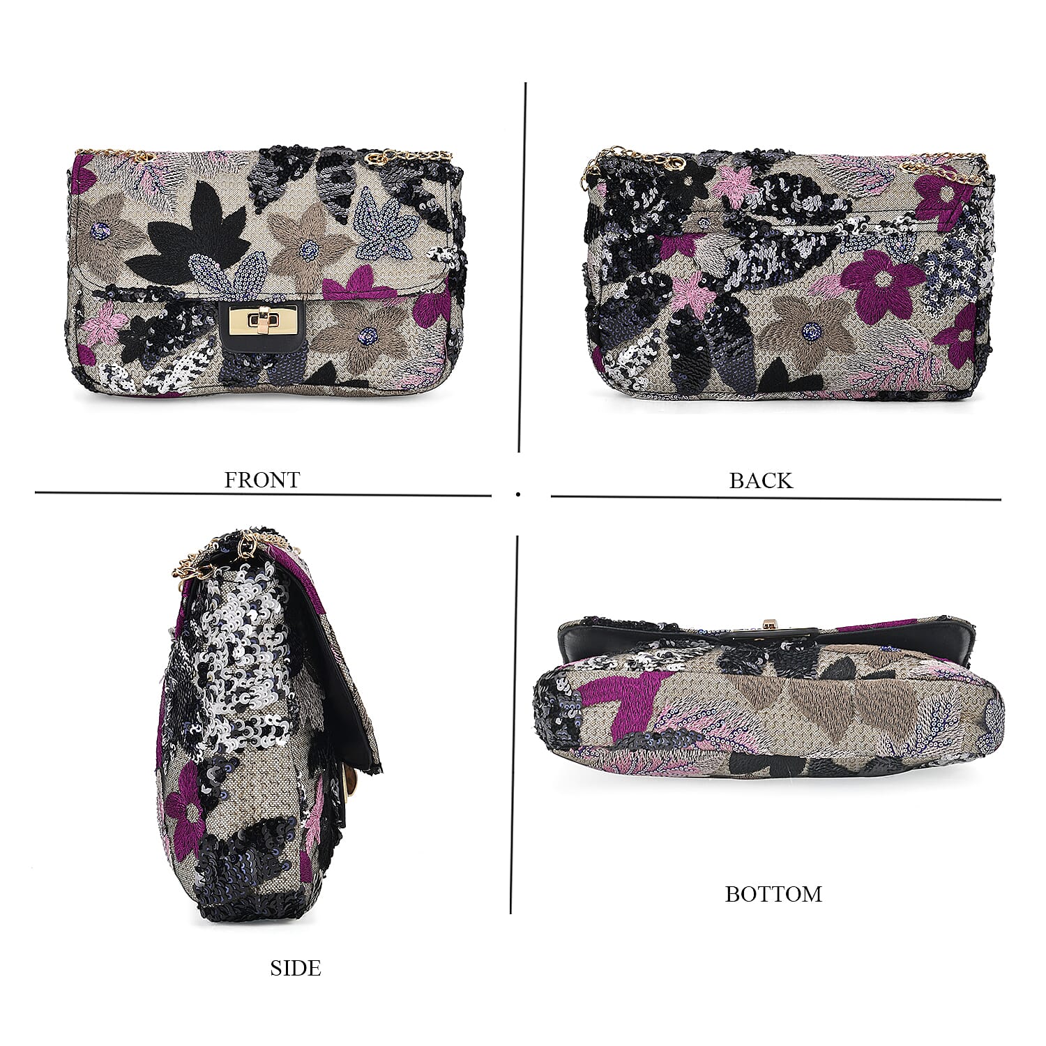 Sequin floral embroidery crossbody bag- Black