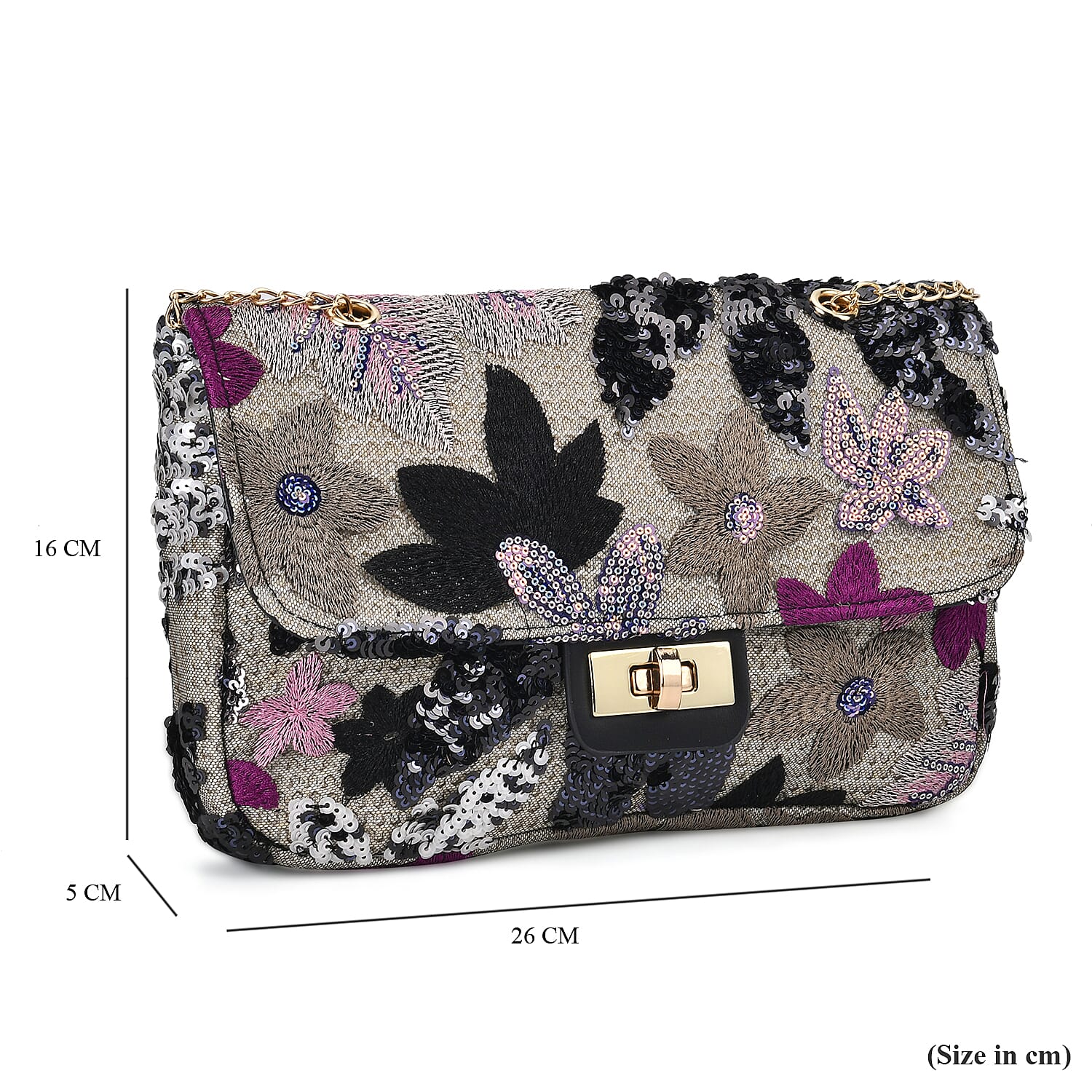 Sequin floral embroidery crossbody bag- Black